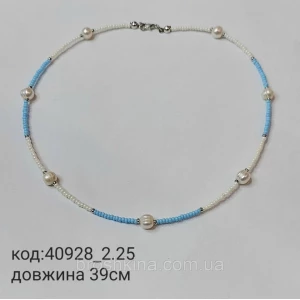 Изображение товара -  Колье из белого и голубого бисера с жемчугом на леске ручная работа