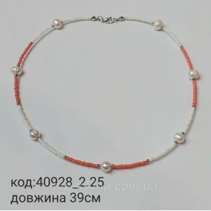 Изображение товара -  Колье из белого и т/розового бисера с жемчугом на леске ручная работа