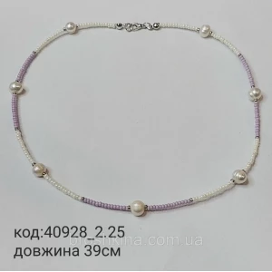 Изображение товара -  Колье из белого и сиреневого бисера с жемчугом на леске ручная работа