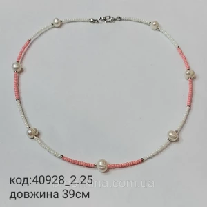 Изображение товара -  Колье из белого и розового бисера с жемчугом на леске ручная работа